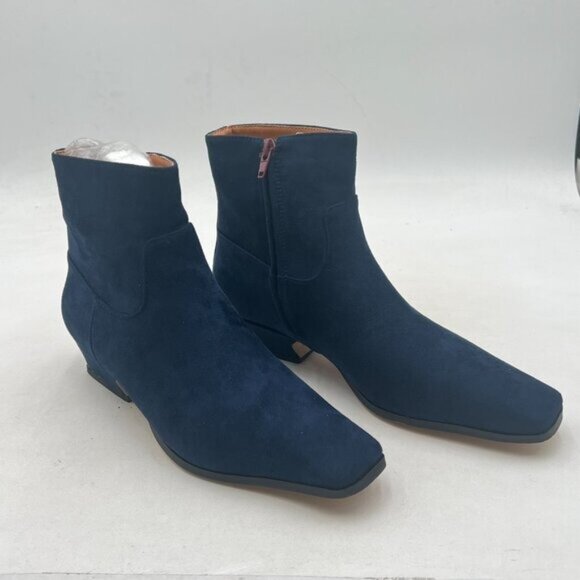 Navy Square Toe Booties Low Chunky Heels Side Zipper Ankle Boots Formal Shoes - Picture 4 of 8